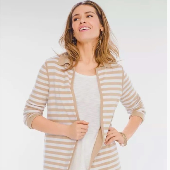 CHICO's TAN & WHITE STRIPE REVERSIBLE OPEN FRONT DUSTER CARDIGAN SIZE L 🌟EUC🌟 - Picture 14 of 15